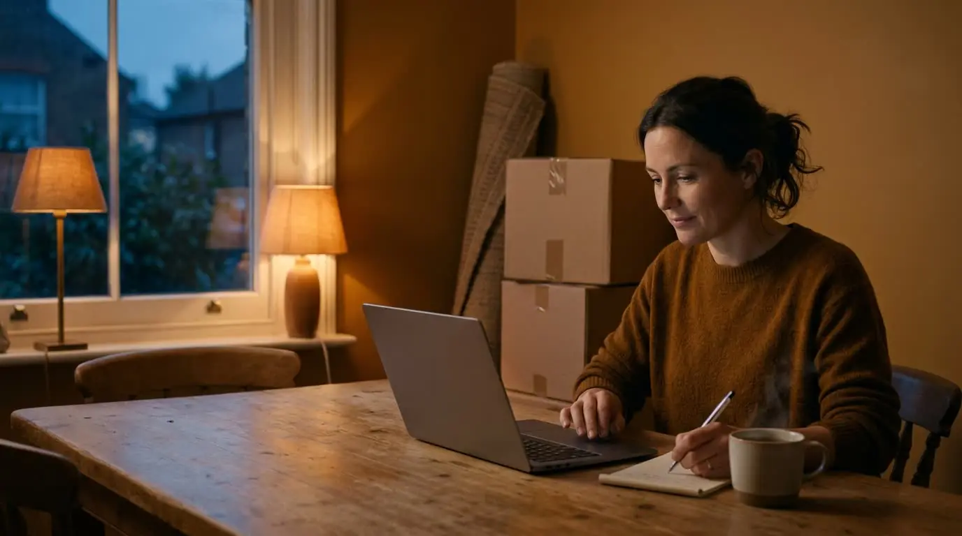 A homeowner at her kitchen table in the evening, planning the move, with packed boxes behind her